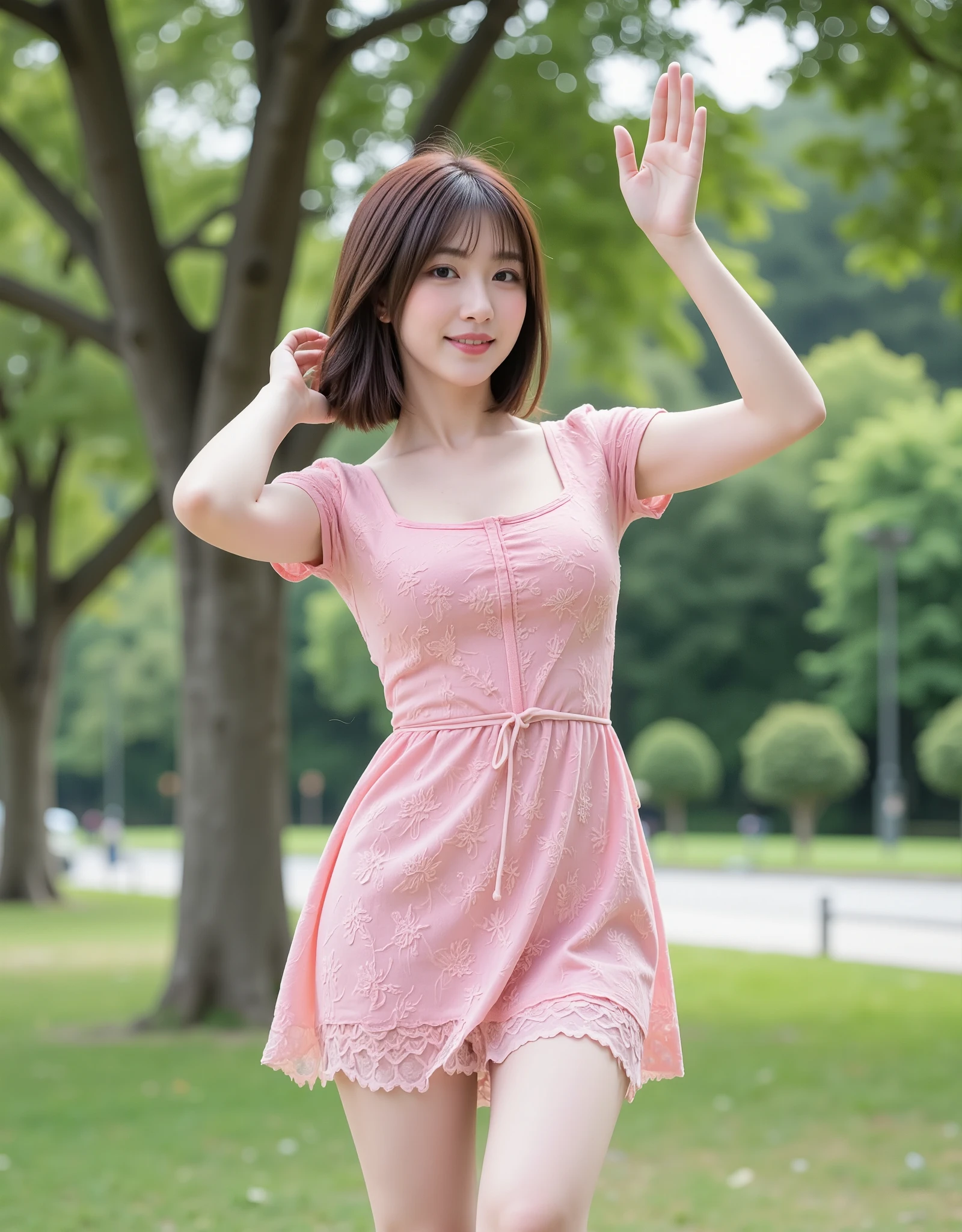 NSFW, (Highest quality), (Ultra-precise CG 16K wallpaper), (Realistic), (High saturation), (Sharp), Beautiful detailed shading, Beautiful natural lighting, Beautiful detailed glow, (Afternoon sunlight), Natural light, Depth of field, (Mature 24-year-old woman, One person), (Very beautiful Japanese face), (Straight bob hair), (Shiny brown hair), (Sparkling eyes), (C cup size breasts, cleavage), (Beautiful breasts), (Beautiful legs), (Beautiful skin), Beautiful proportions, (Full smile: 1.8), (The woman is looking at me), (Woman is wearing a pink short-sleeved lace mini dress), (Wearing a string belt), (Knee kick pose), (Park), (Full screen image), (Angle of view from woman's head to waist), (Image of woman seen from diagonal front), (Woman standing in park with arms outstretched and knees raised high),