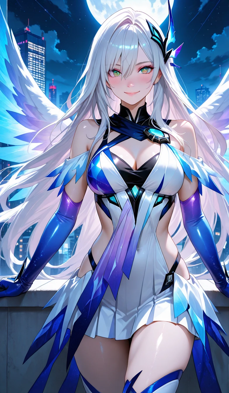 (8K UHD: 1.29), RAW photo, best quality, masterpiece, ultra-high resolution, color, (realism: 1.4), original photo, lively texture, (creamy smooth skin),1girl figure, in a blue outfit with wing-like extensions, standing next to a blue and black robot, Ai-Mitsu. Mecha-inspired concept art with a futuristic aesthetic, dynamic pose, intricate details, vibrant electric blue color palette.