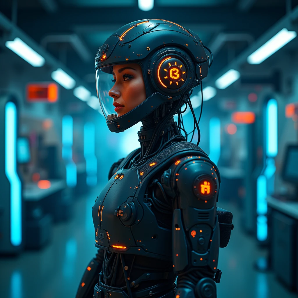 woman using a virtual reality headset while working on a laptop, a computer rendering by Luis Miranda, trending on cg society, afrofuturism, futuristic vr headset, with futuristic gear and helmet, vr helmet, female cyborg in data center, virtual reality, cyborg robot wearing vr headset, virtual reality headset, virtual reality metaverse engine, vr game, wearing a vr-headset