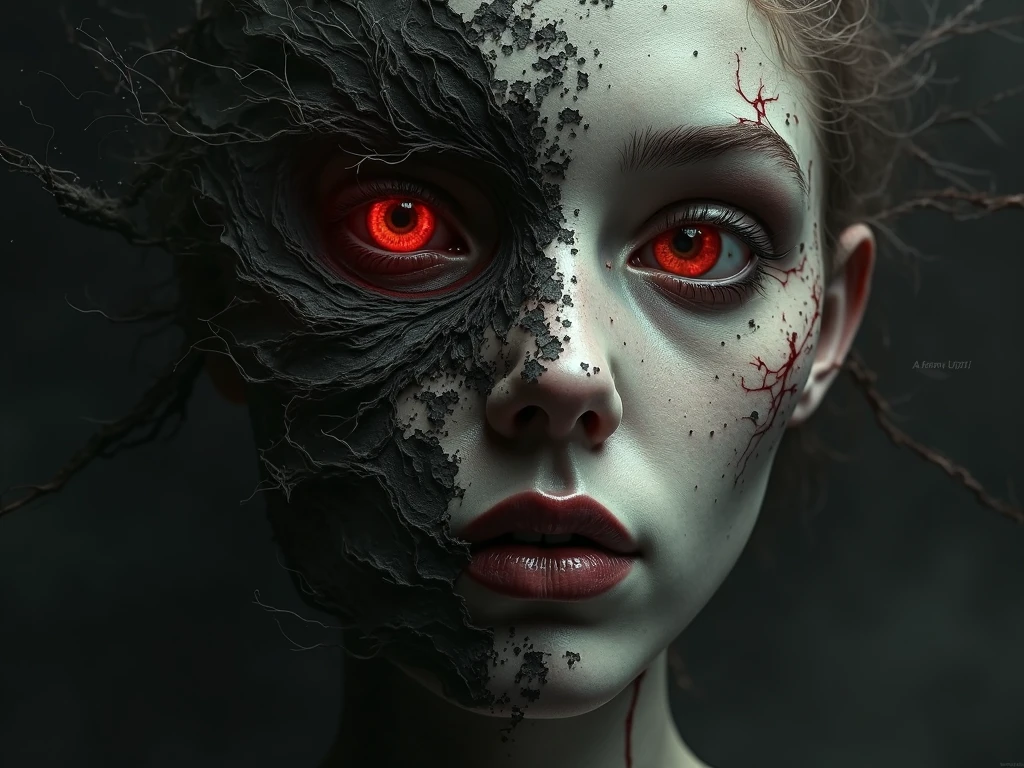 dimensions: style 3840x2160px
Image to use for slow zoom in with subtle rotation
Prompt: "Human face fragmenting into demonic shadows, dark surrealism style, fluid transformation entre humanidad y horror, realistic skin texture mixed with ethereal shadows, multiple eyes emerging from the dark, style Zdzisław Beksiński meets Francis Bacon, disturbing artistic quality"
Optimal style: Abstract Psychological Horror
Improved prompt with: "Face fragmenting into shadows, --ar 16:9 --style raw --v 5.2 --q 2, H.R. Giger meets Francis Bacon, fluid transformation, organic textures, corporeal horror, visual psychological degradation"
reason: La fusión de estilos abstractos con corporeal horror creará el impacto visual deseado.
- Palette : deep black, Blood Reds , aged golds
- Dramatic: Subtle cinematic grain
- Lighting: texture with high contrast
- Style: Mix of Gothic Realism and Dark Surrealism