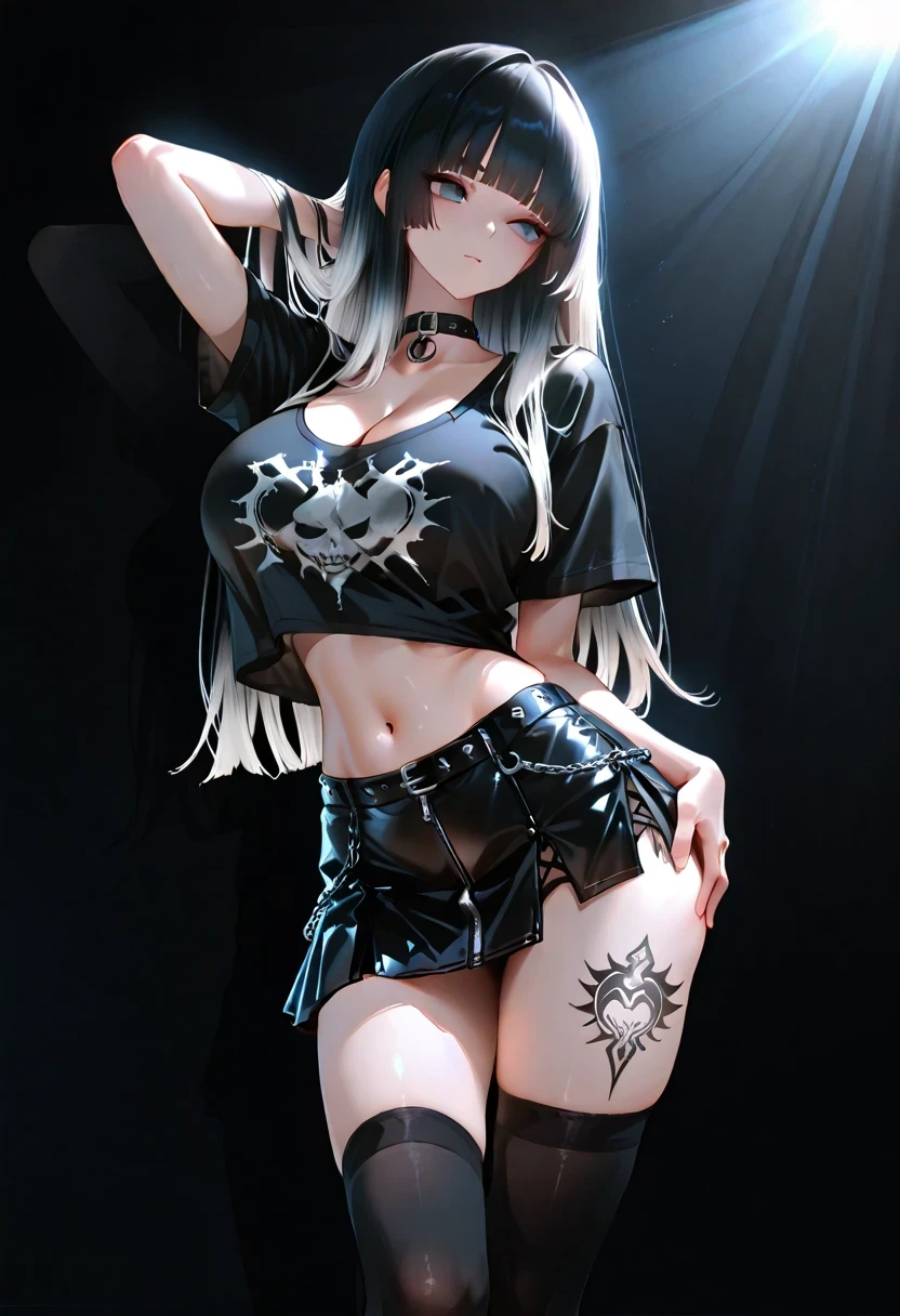 slender body, Slim waist, Her long limbs are like a model , hand on own ass, (black black white hair gradient hair), top quality、 ( professional lighting without shadows )、 Surreal, is fascinating、figure like a slender supermodel、 1 girl, (big breasts, Belly button exposed), ( flat at honny, beautiful skin)), (明るい and beautiful blue eyes ,(( hime cut, long hair ))), ( black mini tight skirt , black u neck t-shirt, cleavage visible ,(( punk style fashion))) , Knee High Socks, ((tattoo))