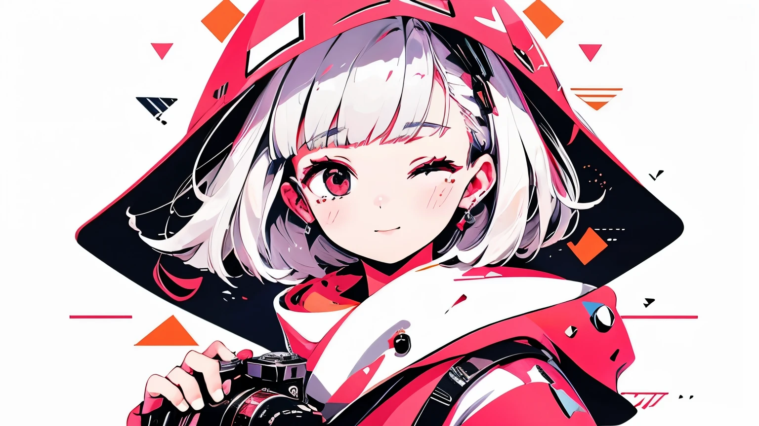 8 year old girl white hair ,Red eyes(one lens),a loose shirt, short , chubby girl (background a school)*