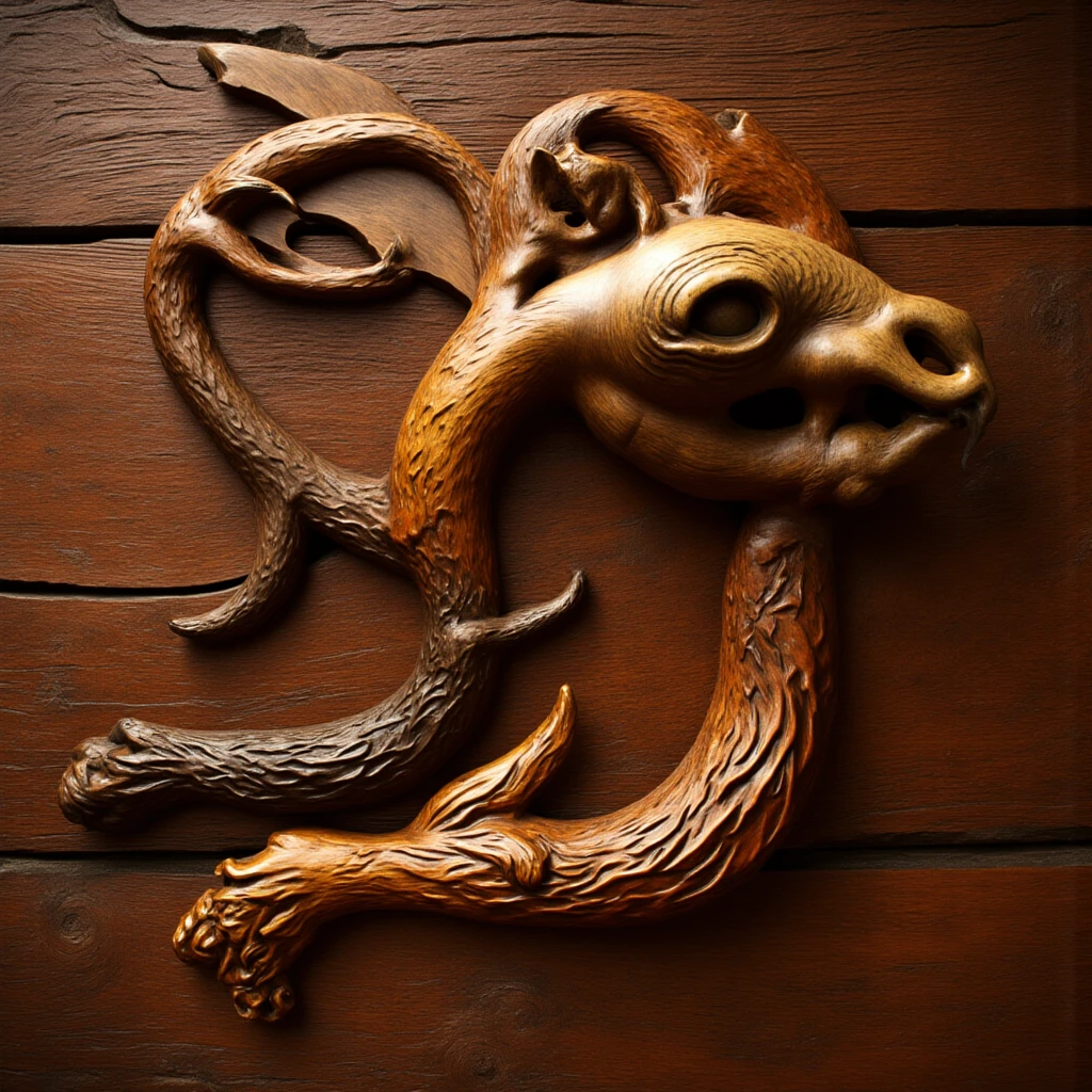 Dead wood carving design style，Four divine beasts, Qi Baishi and Chen Longque、Chen Dingbo&#39;s dynamic illustration pumpkin carving, Octane Rendering,(best quality, masterpiece, representative work, Official Art, professional, 8K:1.3)