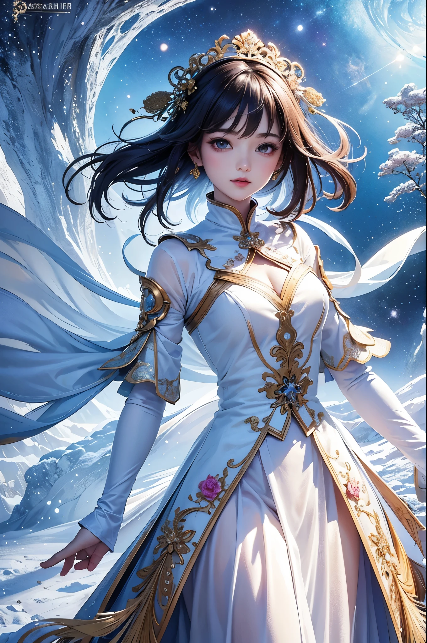 (masterpiece、top-quality、top-quality、Official art、Beautifully Aesthetic:1.2)、(1girl in)、ighly detailed、(Fractal Art:1.3)、colourfull、highestdetailed、dynamic compositions、Poses in motion, snow theme, galaxy