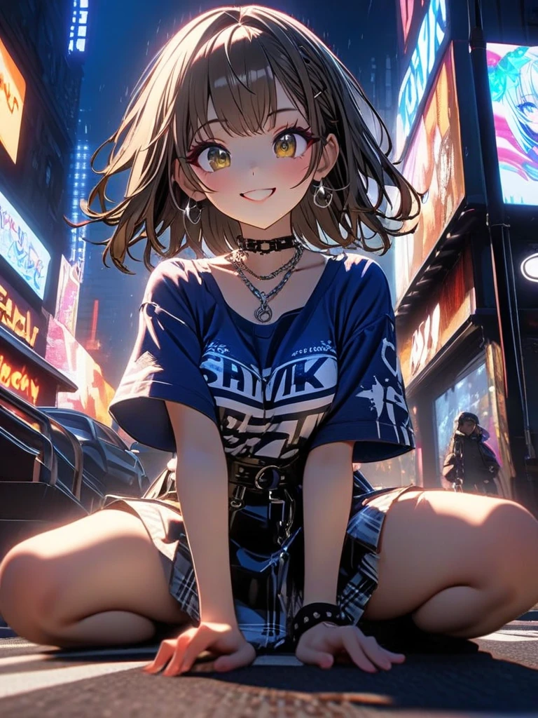 (masterpiece), (high resolution 8K), professional illustration, 1 girl, late age, sitting, turn around, arched back, wave hand, full body, from front, dutch angle, hoody, shorts, short hair, smile, embarrassed, looking at viewer, cityscape in Tokyo, daytime, in summer, natural lighting, stunning face, symmetrical clear eyes, detailed eyes and face