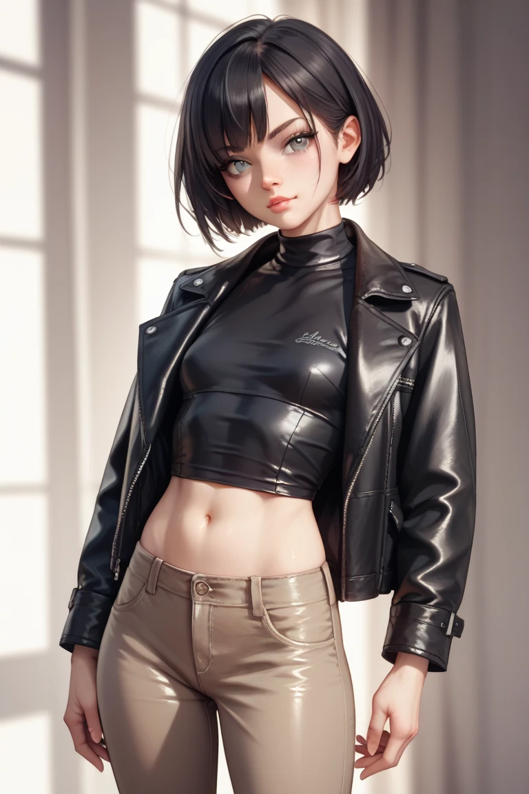 (((top quality: 1.4))),(A masterpiece like no other in history), (ultra high resolution),(Ultra-realistic 8k CG), official art、 (((adult body))), (((1 girl))), ((( bob short hair ))), punk girl with perfect body, jacket with metal spine,Beautiful and well-shaped face,,elaborate punk fashion,leather jacket, (Image from head to thighs),((Pink bob short hair )), ((small leather panties:1.0)), Simon Bisley's urban and brutal style,Detailed street background of London,beautiful abs, Complex graphics, Dark pink with white stars and gray and white stripes,,,, (( Lots of poisonous tattoos )), earrings,
sultry look, seductive