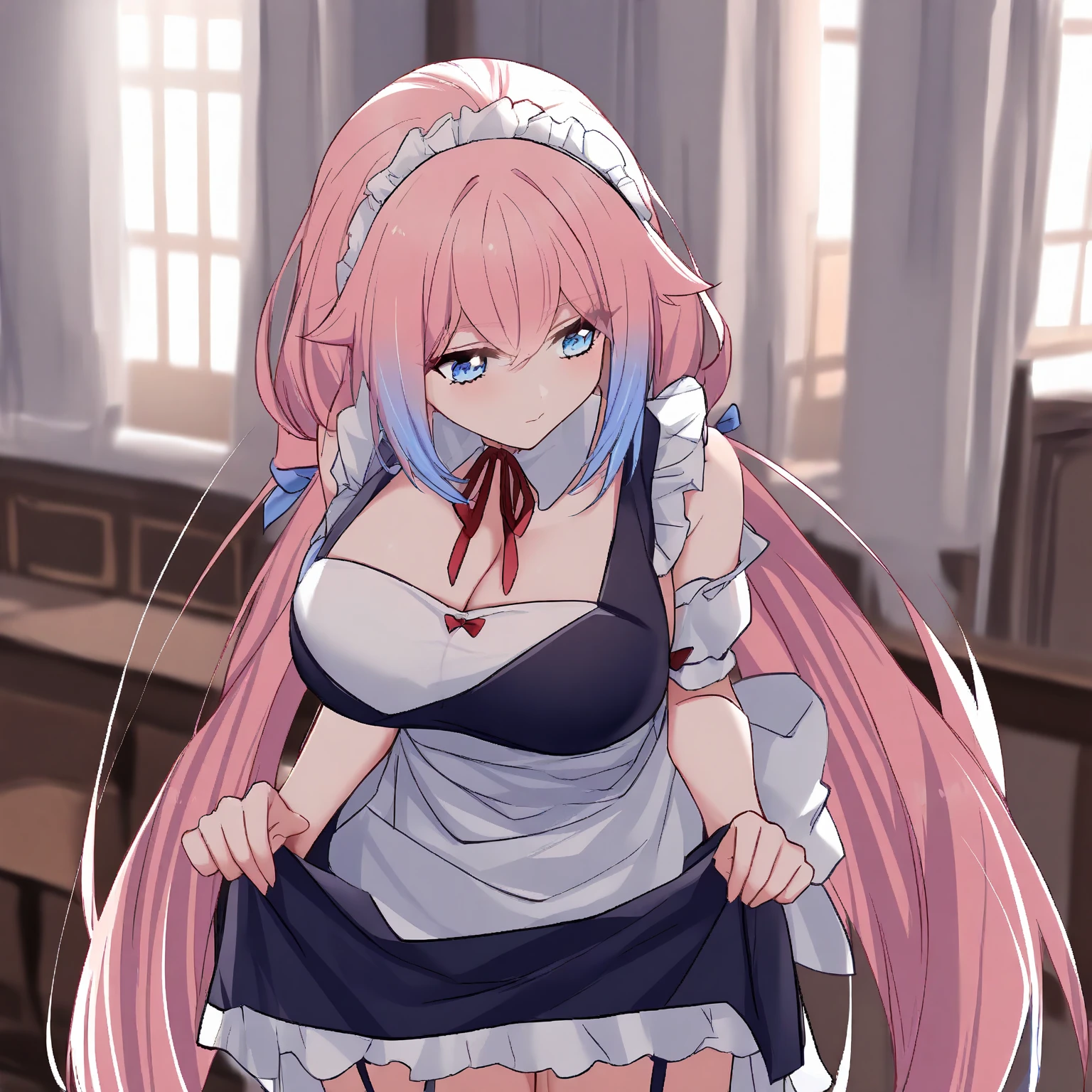 (masterpiece:1.2), ultra-detailed, illustration, , Astolfo, long braid, looking at viewer, purple eyes, hair between eyes,  hair bow, 1boy, black bow, male focus, otoko no ko, solo, pink hair, single braid, long hair, hair intakes, streaked hair, from above, smile, blush, thick thighs, solo, indoors, cafe, maid headdress, maid apron, maid, hands on hips, detailed expression,muscular male, barbarian,