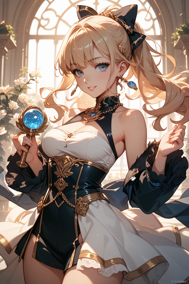 1 busty girl, tmasterpiece, Best quality, 10, Detailed skin texture, Fabric texture is delicate, beautiful detailed face, intricately details, hyper-detailing, Alice in Wonderland, (There is a bow on her head.:1.1), upper part of body,(Pose gracefully),(put down your hands),perfect hand,Normal hands, Crop topping, Slim waist,((coiffed blonde hair)),Put your hands down