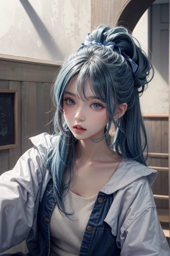 (((NSFW1.5))),(masterpiece), (highest quality), (super detailed),(messy hair),(figure), (1 girl), (fashionable clothes), Are standing, Fashion Model, looking at the viewer, (interview), (simple background),detailed and beautiful eyes, delicate beautiful face, floating,(high color saturation),(colorful splashes),colorful bubble,(shining), focus on face, ponytail, kamisato ayaka, light blue hair, bangs, hair ring, floating flowers, floating hair, (shining), best writing, best shadow,