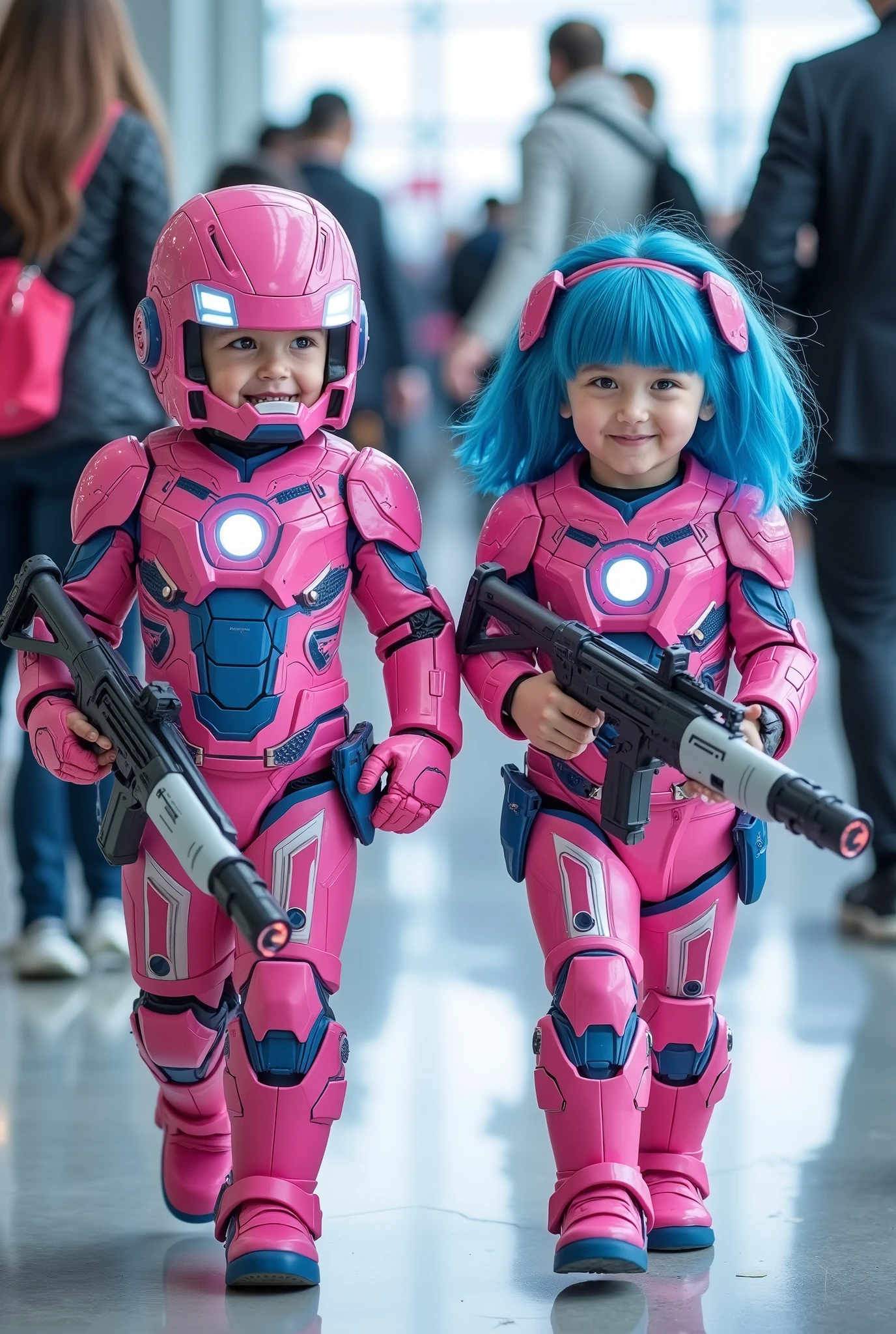 character: 1 baby boy, and 1 baby girl. They have blue hair and They have European faces.
action: Walk straight and look straight ahead.
Expression : smiling.
Costume : they Wearing futuristik pink ironman With blue and white accents . They are holding laser rifles.
Background : A bright indoor public space , with people vaguely seen in the distance, shows that this picture was taken at a fun event or get-together, maybe a convention or costume . They radiate happiness as they walk confidently in their superhero costumes. Show the whole body.