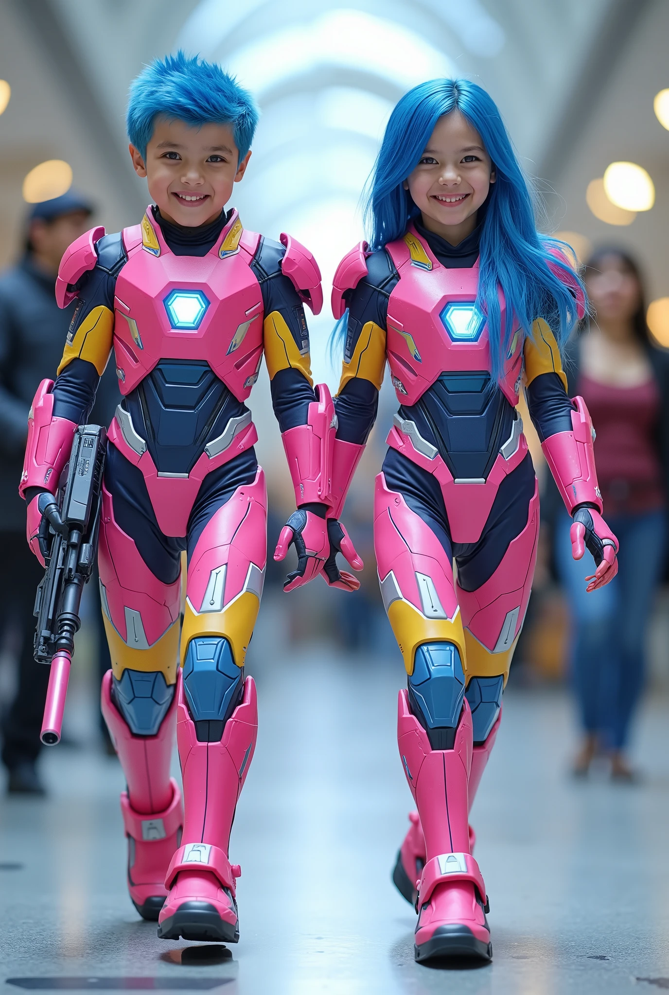 character: 1 boy, and 1 girl. They have blue hair and They have European faces.
action: Walk straight and look straight ahead.
Expression : smiling.
Costume : they Wearing futuristik pink ironman With blue and white accents . They are holding laser rifles.
Background : A bright indoor public space , with people vaguely seen in the distance, shows that this picture was taken at a fun event or get-together, maybe a convention or costume . They radiate happiness as they walk confidently in their superhero costumes. Show the whole body.
