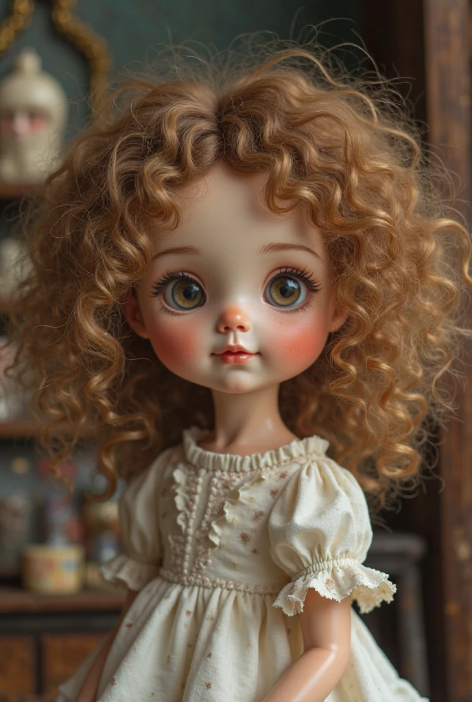 Cute Blythe doll with medium short curly hair, copper red, curly bangs and dark brown eyes