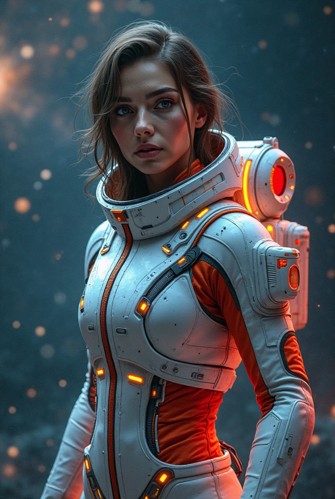 An incredible image reveals an intrepid young girl, (vestida em um traje espacial brilhante e colorido), embarked on an epic journey through vast outer space. (((She clings tightly to the handlebars of her futuristic spacecraft.))), ((((a vehicle that looks like it came straight out of a sci-fi masterpiece)))). The bike is a true spectacle of futuristic design, com uma fuselagem elegante coberta por um acabamento iridescente (refletindo as cores cambiantes da luz das estrelas). Seus propulsores de plasma azul brilhante (criam uma aura de energia pulsante) ao seu redor, providing quiet and powerful propulsion. Ela manobra a moto com maestria, ((((his expression of determination visible through the transparent helmet)))). Raios de estrelas velozes (deixam um rastro de luzes cintilantes) as it advances through outer space. Enquanto ela cavalga a moto, you can see (on the holographic control panel) three-dimensional graphics projected in front of you, providing crucial information for your interstellar journey. This image captures the excitement and grandeur of your intergalactic journey, com um foco meticuloso e (Additional emphasis on detail) nos aspectos mais impressionantes da moto espacial