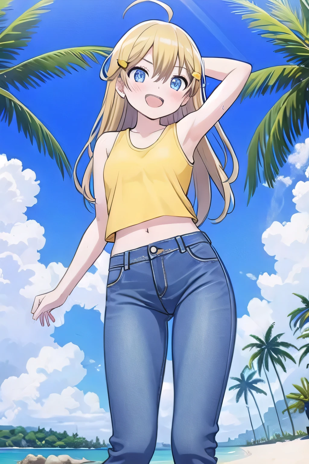 masterpiece, best quality, ultra detail, ((Perfect Face, perfect eyes, perfect hair, perfect arm)), 1girl, , petite, ((round face, ecstasy, orgasm face, drooping eyes, shame smiling, blush)), dropping eyes, sleepy, Open mouth, ((White teeth)), background((under the beach, (day:1.2), palm tree, bright sky)), miku hatsune, ahoge, (blue eyes:1.4), (dark blonde hair:1.4), crossed bangs, hair between eyes, hair ornament, (medium length cut:1.4), (straight hair:1.7), ((arms behind head, hands behind head, fingers behind head)), ((contrapposto)), spread armpits, looking at viewer, (yellow tank top:1.7), (yellow crop top:1.7), (jeans pants:1.2, flares jeans:1.2, skinny jeans:1.2, blue jeans:1.2), standing, (legs spread:1.4), sex pose, Sweaty crotch, Steam from the crotch, from below, whole body