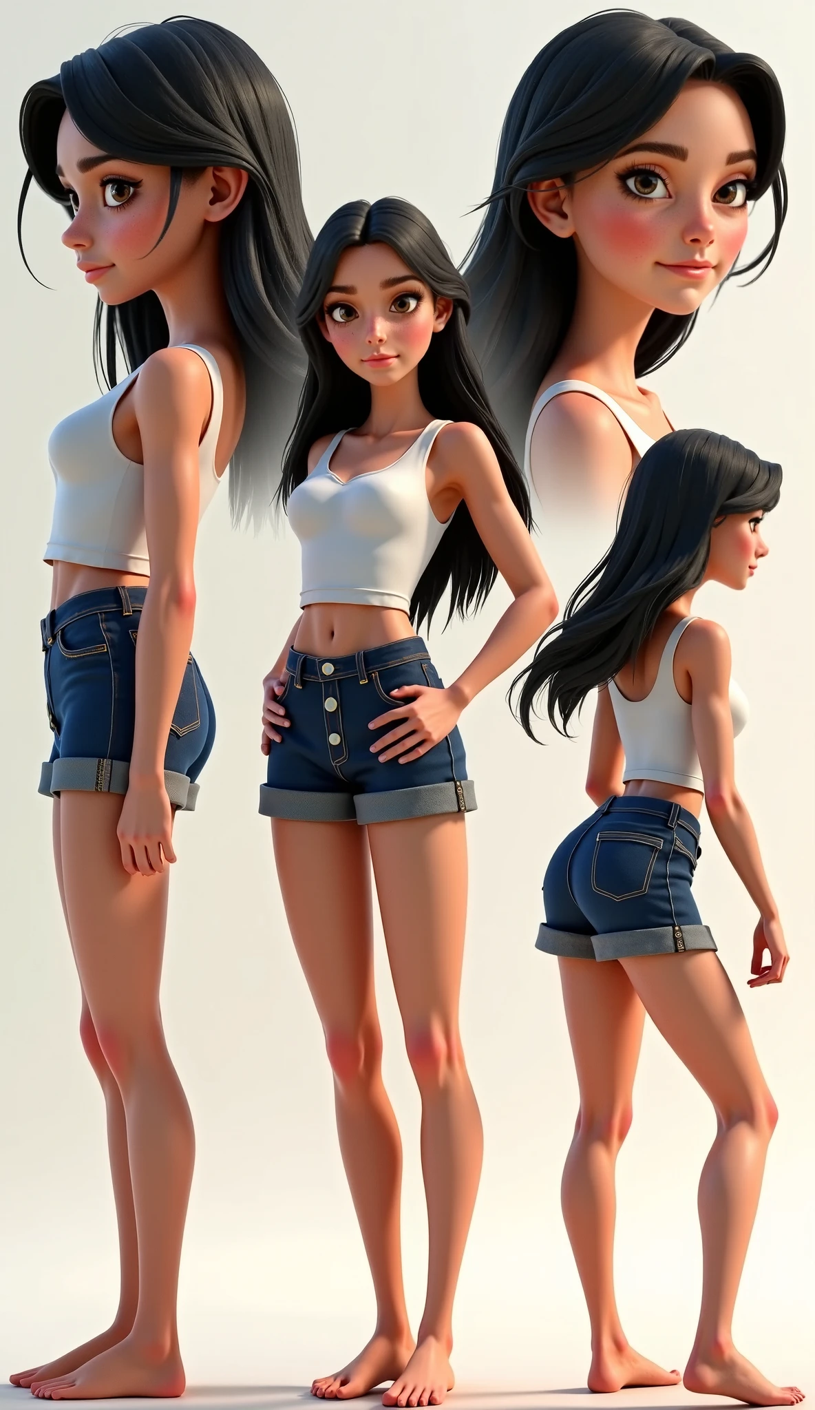 A sexy cartonn woman in beautiful white cropped denim shorts and white sneakers, posing gracefully for a photo, beauty in denim shorts, wavy black hair, Waist slender, freckles, sexy girl , mulher de corpo inteiro, wearing denim shorts, beautiful seductive woman, slender figure, cartoon vector style, corpo pin-up, Broad Hips