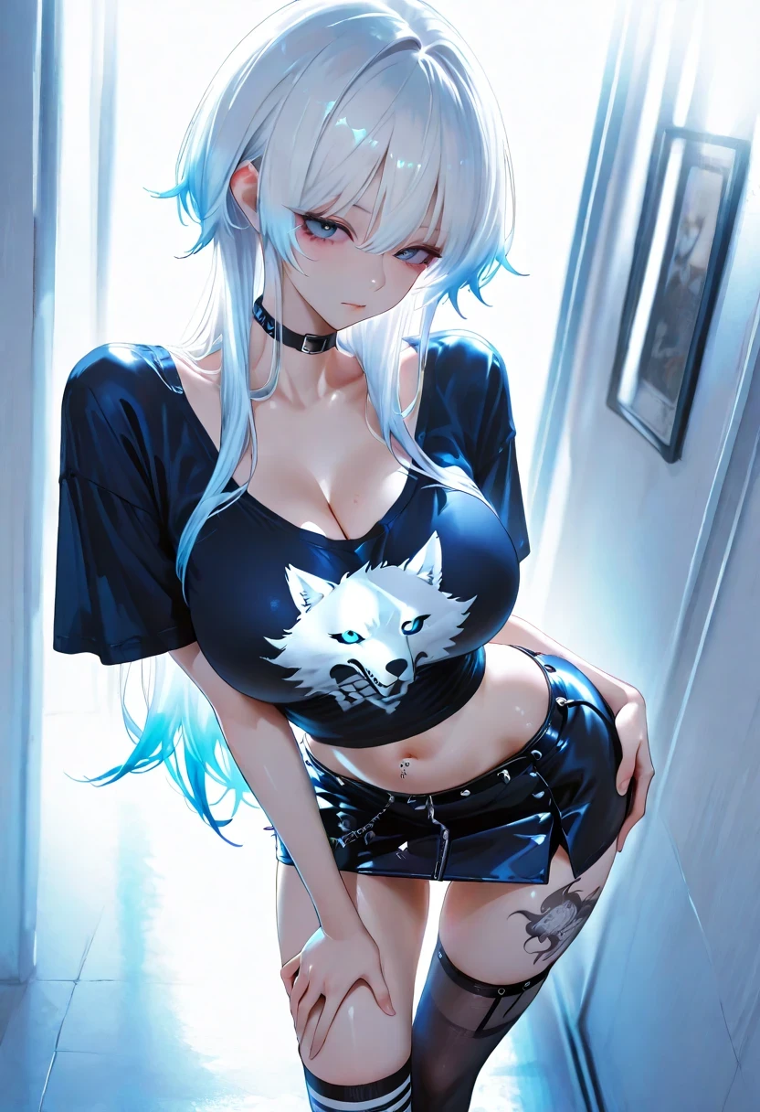 slender body, Slim waist, Her long limbs are like a model , hand on own ass, (blue White White hair, gradient hair), top quality、 ( professional lighting without shadows )、 Surreal, is fascinating、figure like a slender supermodel、 1 girl, ( big breasts, Belly button exposed), ( flat at honny, beautiful skin)), (明るい and beautiful blue eyes ,(( Wolf cut, long hair ))), ( black mini tight skirt , black u neck t-shirt, cleavage visible ,(( punk style fashion))) , Knee High Socks, ((tattoo))