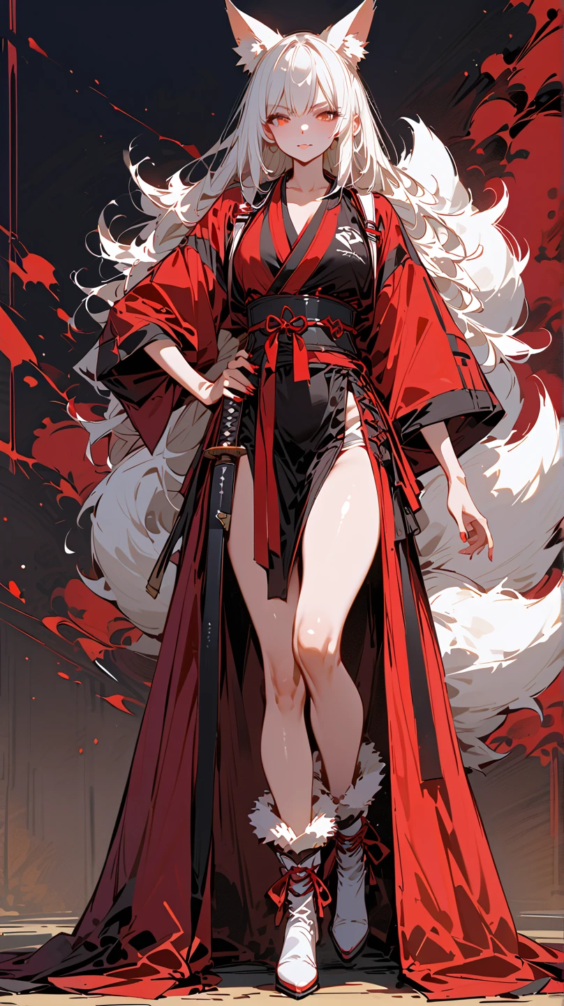 woman in Kimetsu no Yaiba anime style, expressionless, apathetic, with blood coming out of her mouth, with a bruise on her rib and lung, standing in pain, long wavy white hair with red streaks, intense yellow eyes