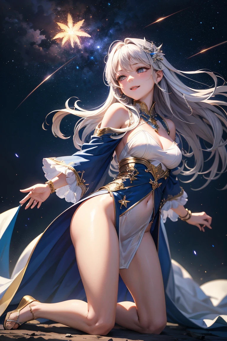 (Oil, masterpiece, highest quality, Very detailed, Focus on the characters), Blushing、Detailed facial expressions，Detailed depiction of hair,([return:0.8]|[ face facing returnwards:1.1]), Super big ,
White micro bikini,Starry Sky Scenario、Stick out your buttocks、Night view、Gray Hair、Curly hair、ponytail、I can see the chikubi、Sweaty、Peeing、