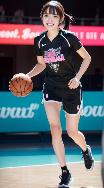 8k,beautiful face, very detailed face, Two precise legs, pink detailed eyes , very detailed background,  perfect lighting, Accurate Weapon,  correct handshake, The Accurate Finger of Books,, full body, 1 girl, solo, Hoshino Ruby, Oshi no Ko, Outdoor absurdres, high resolution, ultra sharp, 8k, masterpiece,  staring at your partner, (full body:1.4), smiling like teasing, basketball t-shirt,  Tight Sports Shorts , 誰かとbasketballをしている, Chest, on a basketball pitch, running towards the viewer, basketball