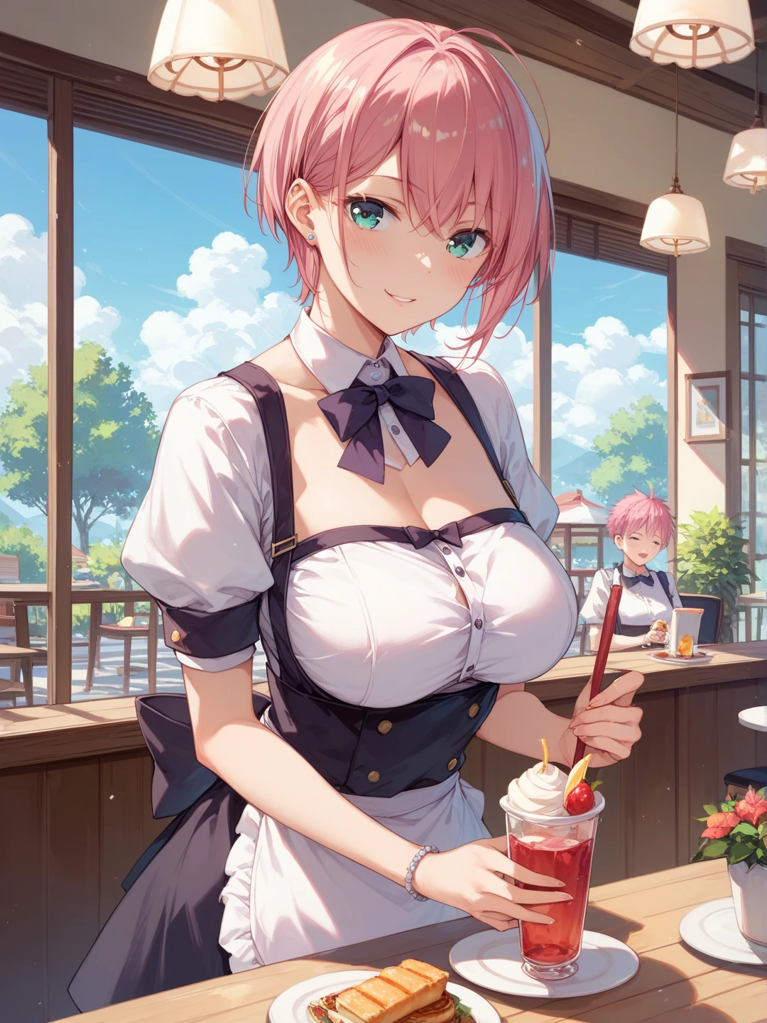 ((of the highest quality, 8K, masutepiece: 1.3, RAW photo)), Sharp focus: 1.2, (1 aespa girl :1.1), Solo, (Realistic, Photorealistic: 1.37), (Face focus: 1.1), Cute face, com rosto detalhado, (Short messy hair: 1.2), Small smile, , (Bar waitress uniform), standing, upper legs, (Chiffon panties), Cafe, Bar, flower, huge tit，cleavage，sexyposture，Cocked buttocks， your ass，camisole，exposed bare shoulders，