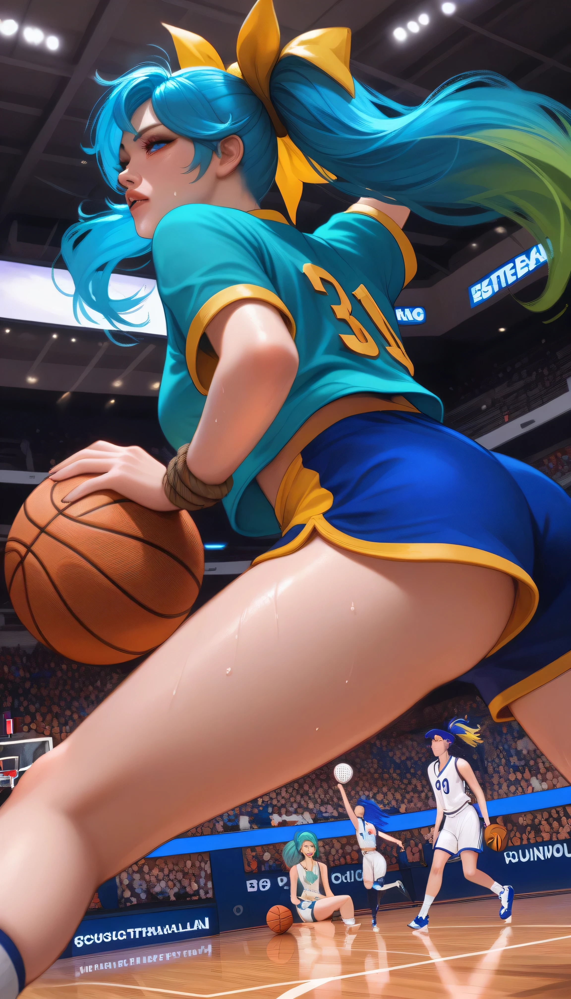 2girls, BREAK, Sona from League of Legends, long blue pigtails hair, blue eyes, wearing blue basketball uniform, dynamic ultra low angle from below, foreshortening, thighs in the foreground, head in the background, tired expression, anime-style, jumping up in the air, dynamic pose, basketball court background, sweating, cinematic, BREAK, Akali from League of Legends with short tied up hair, wearing a green uniform trying to slap the ball out of Sona's hands