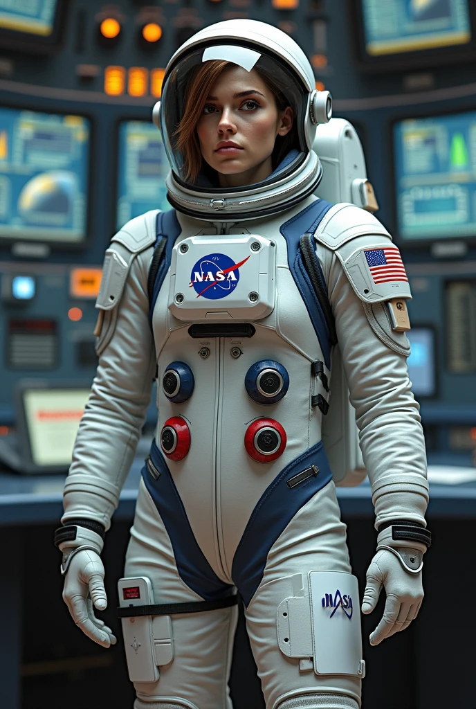 (best quality, high-quality), (masterpiece:1.2, portrait, 4k full HD), girl, cute appearance, brown hair, short hairstyle, blue eyes, surprised look, full lips, huge breasts, wide hips, narrow waist, very pale skin, moles, thin, in a spacesuit, in space, in zero gravity, ((retro)) (most detailed photography, HD wallpaper), ((photo art by dubnitskiy david ))