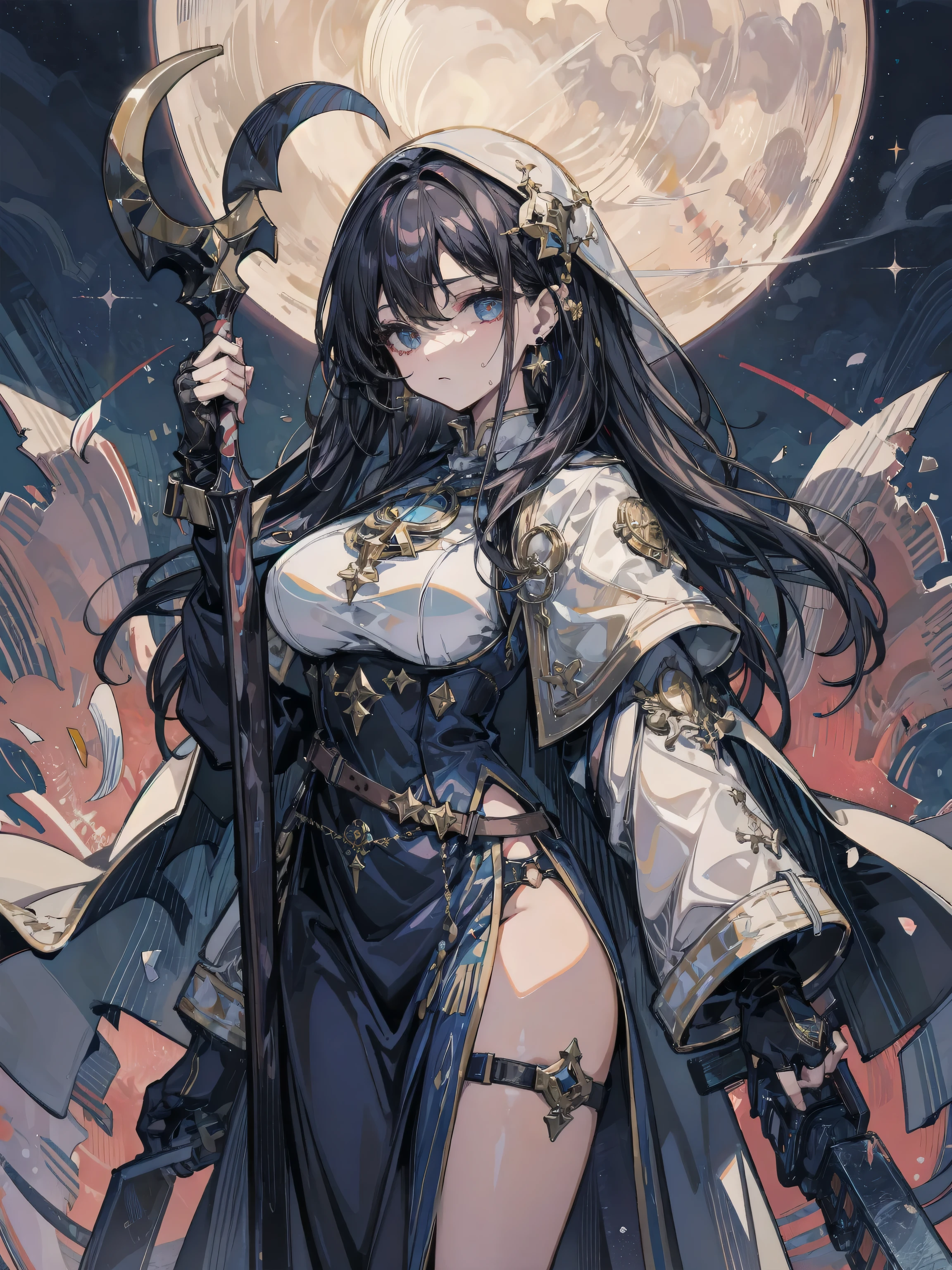 ideal ratio body proportions, perfect anatomy, correct body, earring, sexy, erotic, seductive, Sensual, adult body, sweat, very huge round breasts, ((black hair)), medium hair, wavy hair, cowboy shot, White+Gold clothes, divine and radiant, showcase weapon, holy staff, priestess, holy gloves, revealing vestments, blessed vambraces, archbishop, mitre, white cloak, starry, big moon,