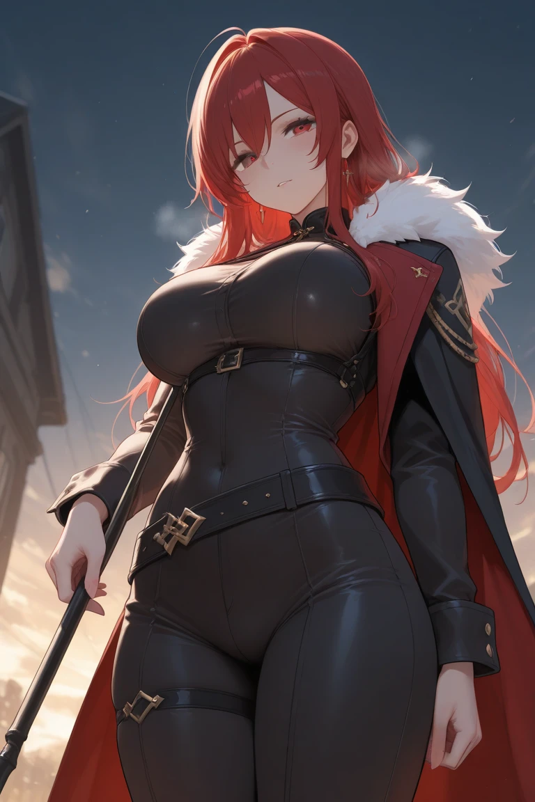(masterpiece:1.37), woman, mature, extremely detailed eyes and face, long straight hair, (red hair:1.5), yellow eyes, military uniform, cloak, torn cloak, ripped cloak, flame-patterned cloak, futuristic, science fiction, hologram armband, unicursal hexagram-shaped pupils, standing, large breasts, futuristic, science fiction, hologram armband, best quality, 8k, highres, ultra-detailed, studio lighting, ultra-fine painting, sharp focus, physically-based rendering, extreme detail description, professional, vivid colors, bokeh, extreme attention to detail, tsurime, messy bangs, long bangs, bright red hair highlights, two-tone hair, full body