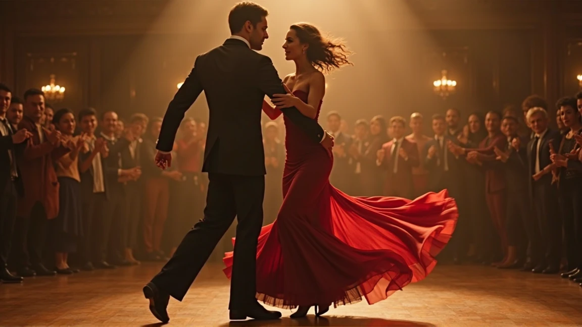 Hombre de traje negro y corbata negra abrazando a una mujer y bailando tango