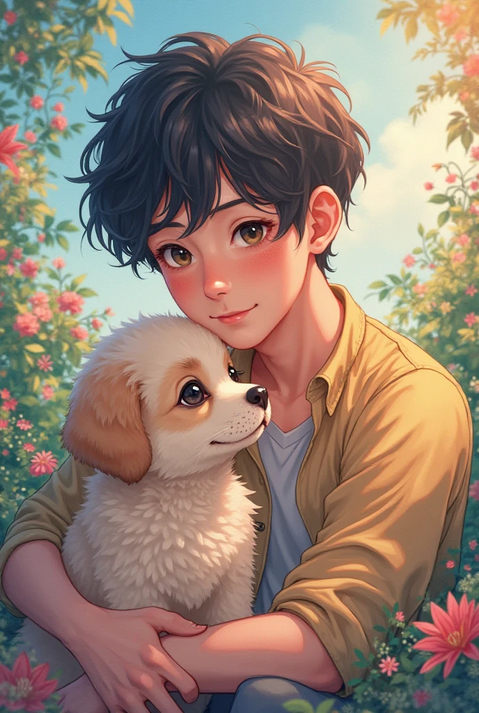 Manga-like children's drawing of boy with black hair in colorful costume with his French bulldog puppy playing in the grass, great lighting, 4k high quality --auto