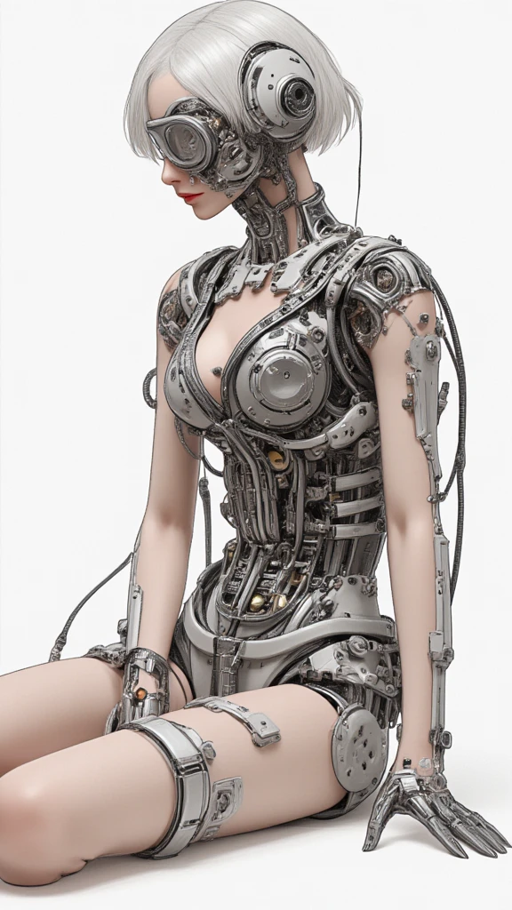 (((masterpiece))), ((best quality)), ((ultra-detailed)), (CG illustration), (an extremely devious and beautiful)), (cute desktop face), cinematic light, ((1 mechanical girl)), single, full, (machine-made joints). : 1.4), ((mechanical limb)), (blood vessel attached to tube), ((mechanical spine attached to back)), ((mechanical cervical vertebrae attached to neck), ((war machine)), expressionless, (wires and cables attached to head and body: 1.5), (character focus), science fiction