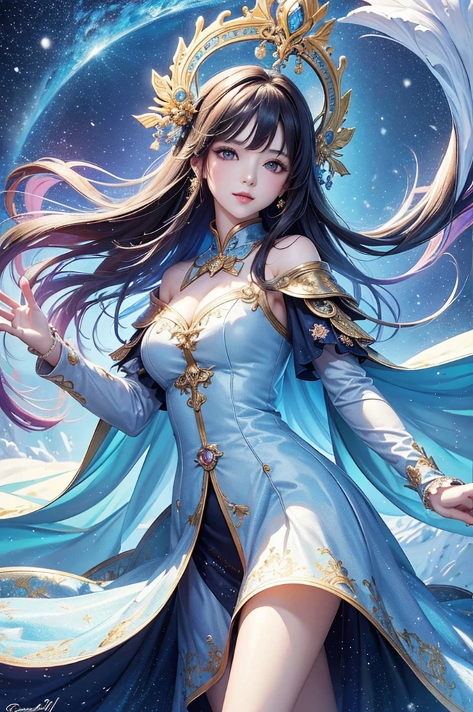 Black hair,Female mage,Open high slit long skirt,high-heels,Holding a gemstone magic staff,Ice magic