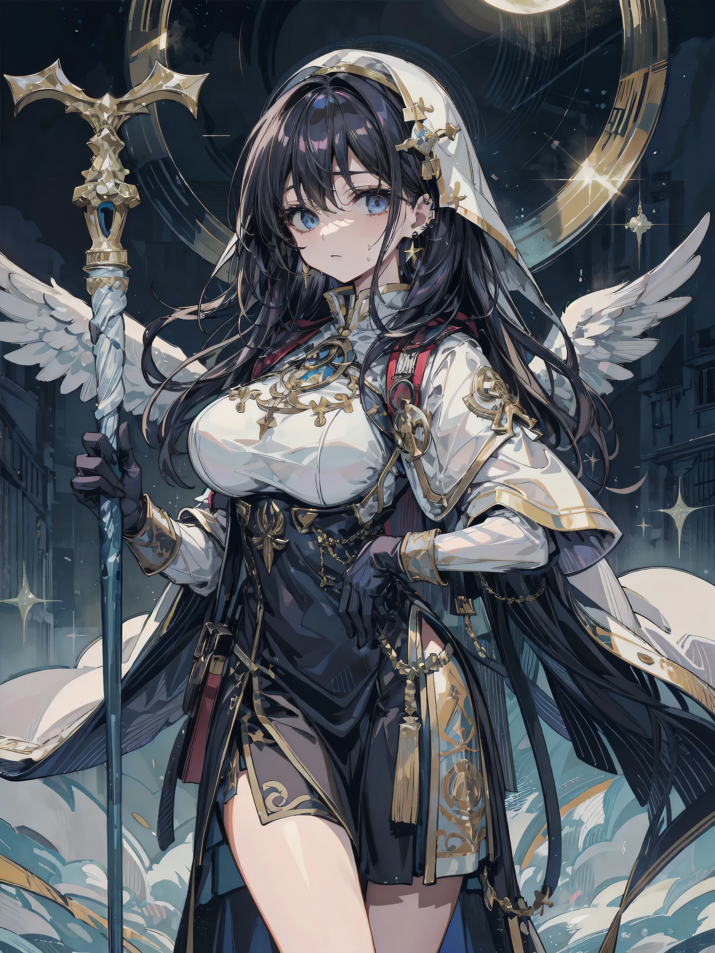 ideal ratio body proportions, perfect anatomy, correct body, earring, sexy, erotic, seductive, Sensual, adult body, sweat, very huge round breasts, ((black hair)), medium hair, wavy hair, cowboy shot, Fire effect, Paladin, Blue Armor, Decorated with jewels, Gold embroidery, Long skirt, angelic, White+Gold clothes, divine and radiant, showcase weapon, holy staff, priestess, holy gloves, revealing vestments, blessed vambraces, archbishop, mitre, white cloak, starry, big moon,