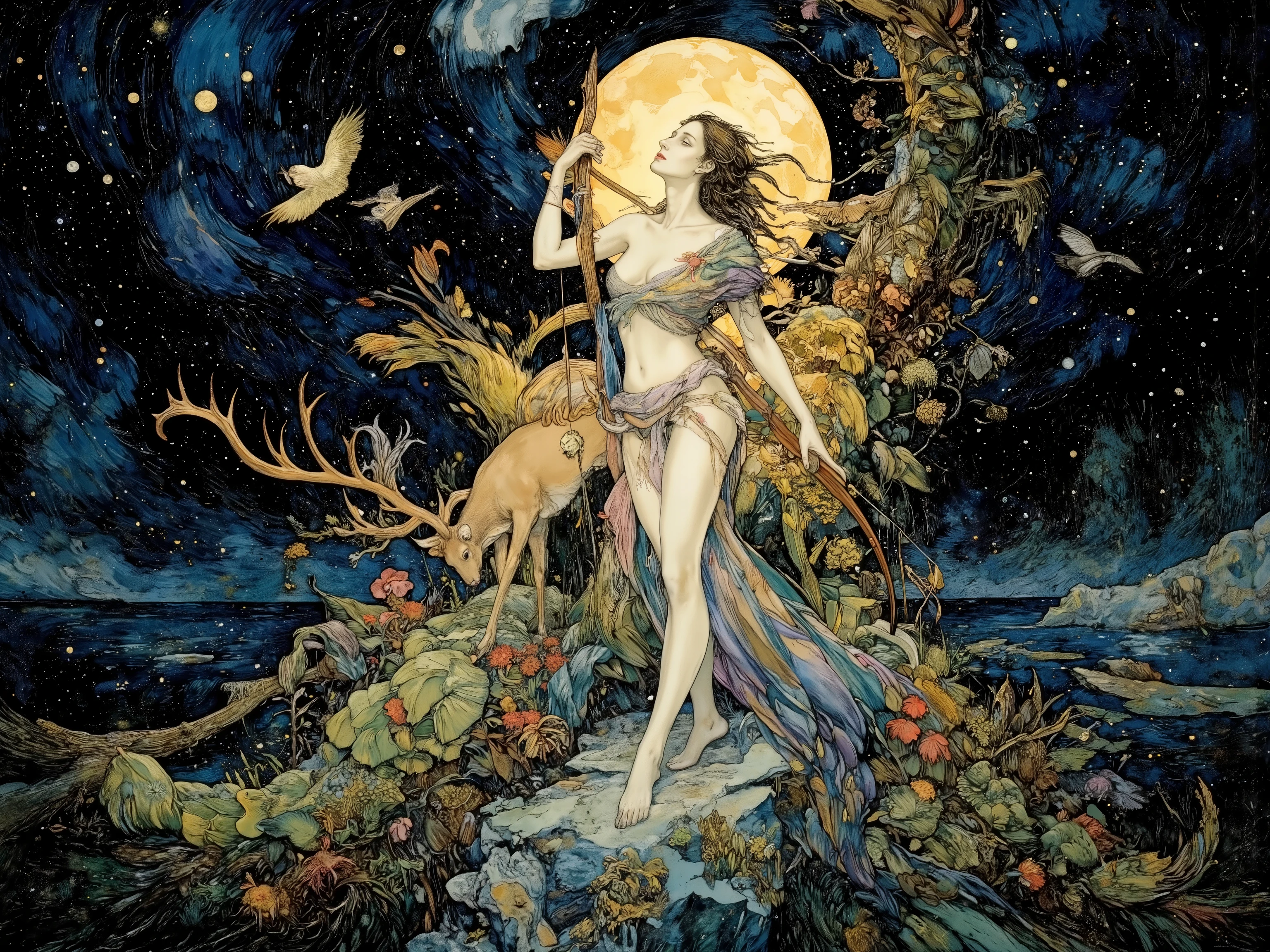 1 woman,artemis,standing,holding bow,with deer,beautiful moon goddess,looking up,deep forest,plants,river,at night,moonlight,starry sky,beautiful detailed,Anatomically correct,High Definition,high detail,aman0ayam1