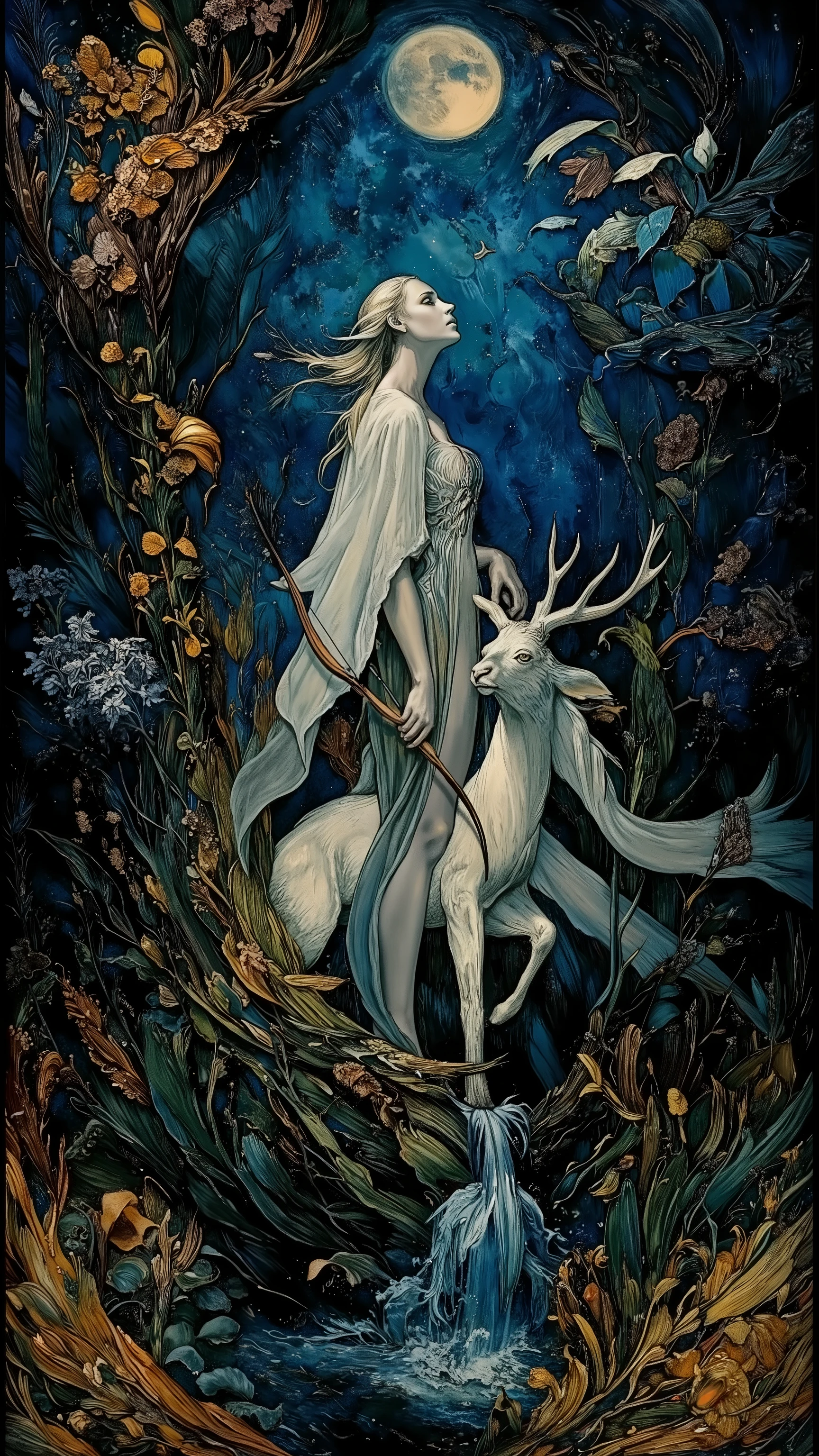 1 woman,artemis,standing,holding bow,with deer,beautiful moon goddess,looking up,deep forest,plants,river,at night,moonlight,starry sky,beautiful detailed,Anatomically correct,High Definition,high detail,aman0ayam1