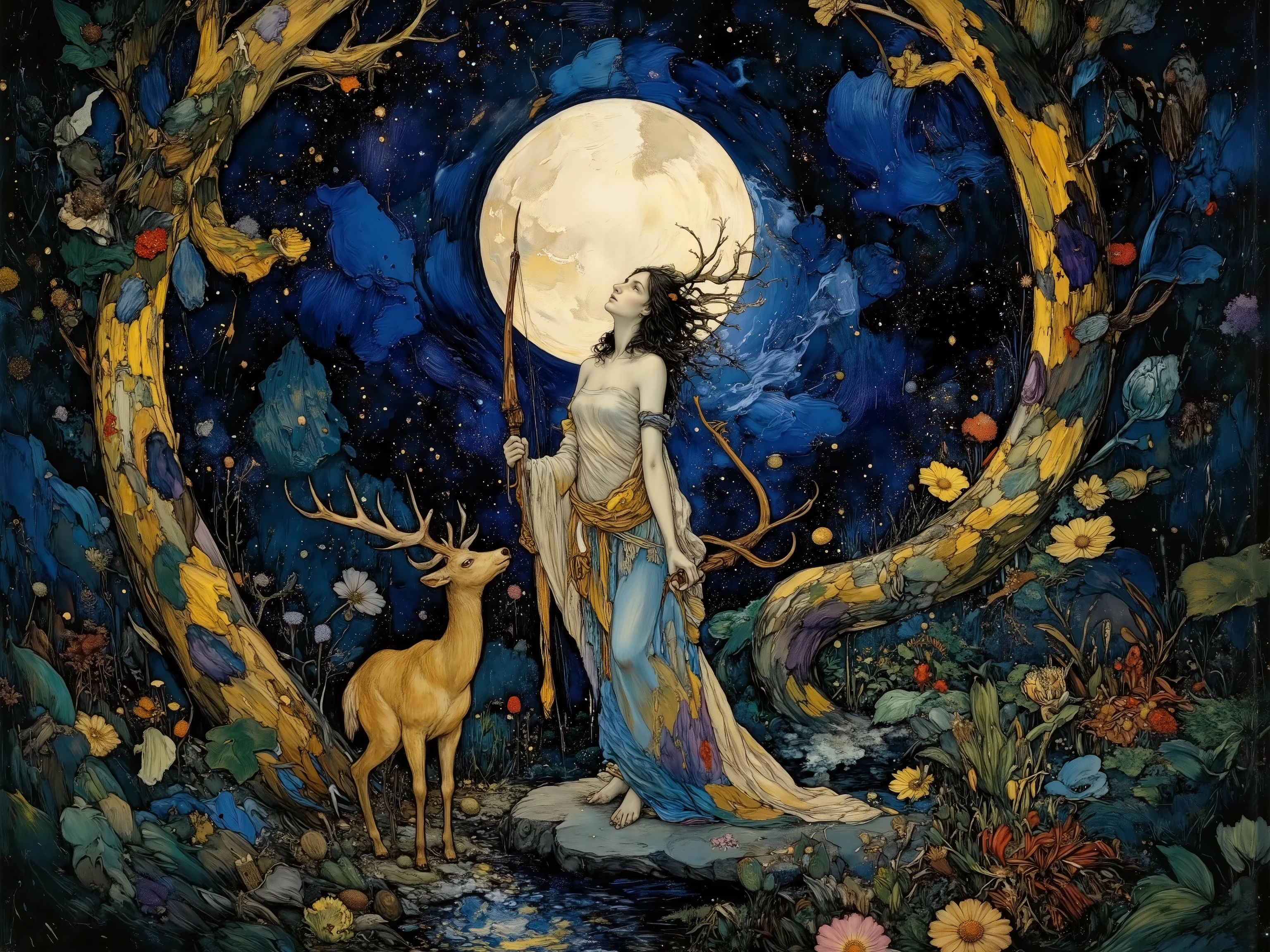 1 woman,artemis,standing,holding bow,with deer,beautiful moon goddess,looking up,deep forest,plants,river,at night,moonlight,starry sky,beautiful detailed,Anatomically correct,High Definition,high detail,aman0ayam1