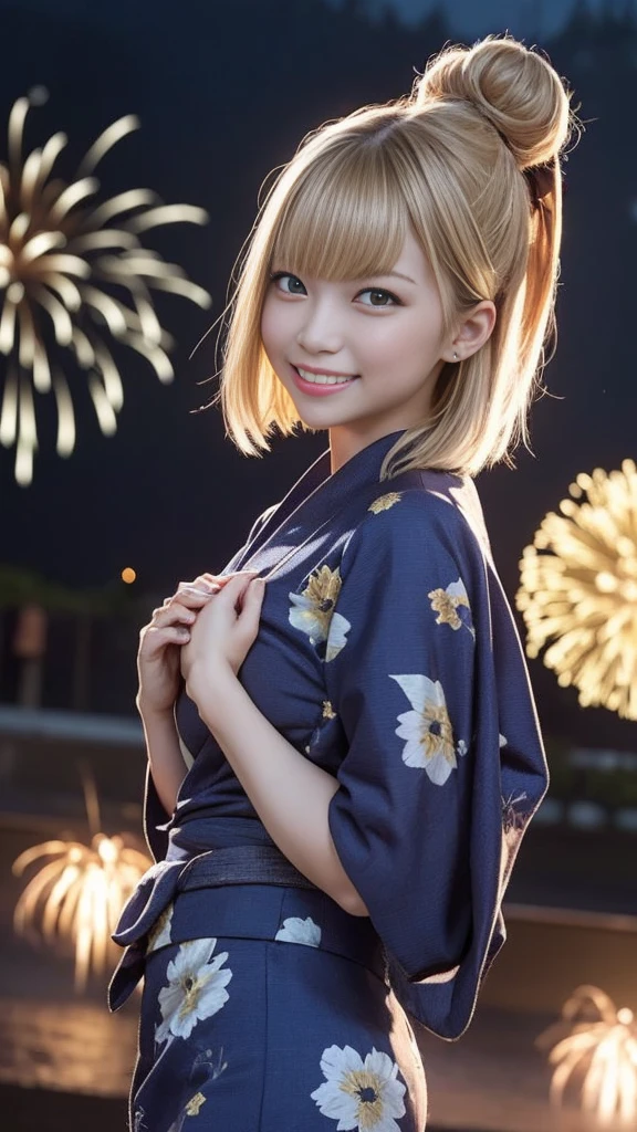 Sit back and watch the fireworks display, spread legs，Woman taking off yukata, blondehair，Gorgeous Japan Woman, sexy look at the camera, Good Young H Cup Bust Girl