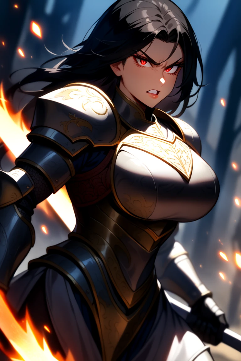 dramatic, gritty, intense, anime character, dynamic fighting pose, 1girl, solo, solo focus, (dark black hair, tied up hairstyle), (wearing black gloves), (wearing samurai armor, armored gauntlets, armored boots, thighhigh boots), (wearing a skirt, orange skirt. pleaded skirt), (black biker shorts), ( big buttocks:1.5) modern art, hair covering eyes, (clenched hand, clenched hands), forest, beautiful face, beautiful eyes, (brown eyes), vibrant colors, night, highest quality digital art, Stunning art, wallpaper 4k, 8k, 19 years old, large breasts, triple D cup breasts, round buttocks, bubbly buttocks, wide hips, bubbly ass, fit and strong, slender body, HD, unparalleled masterpiece, best quality, full body, dynamic lighting, cinematic, epic, cowboy shot, full body with costume.