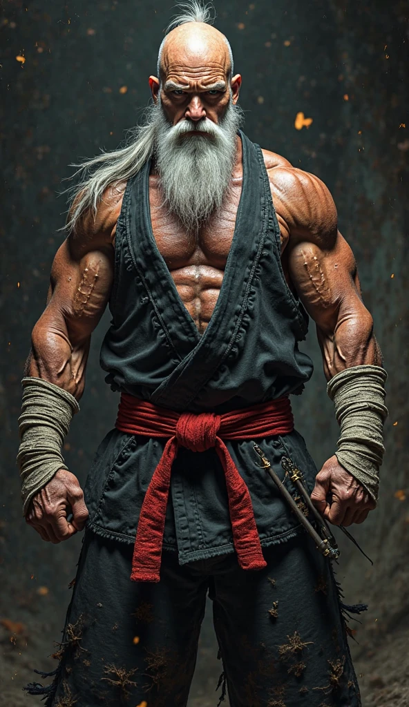 historic, Upper body naked old man, warrior,Wounded,Upper body naked, Japanese sword, Shaved Head, warrior, Grandpa，Seppuku suicide,  One Eye,