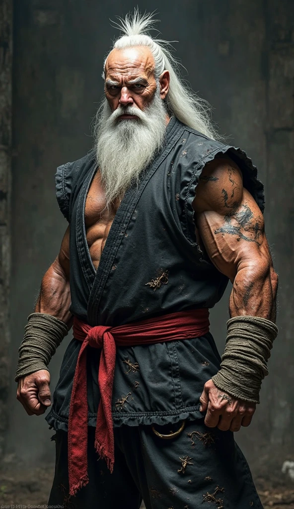 best qualityer, Guanyu, Male focus, (50-year-old Chinese grandfather: 1.5), (Chubby:0.5),  (Anger: 1.5), (Blush: 1.5), (heavy breath: 1.5), (Big eyes: 1.5), (white body fur: 1.5) (White long hair: 1.5), (long and thick white beard: 1.5), (wrinkly skin: 1.5), (tattoo: 1.5), High, Sackcloth clothes,  Big
, Hairpins, exteriors，temples,summertime，bamboo forest background。