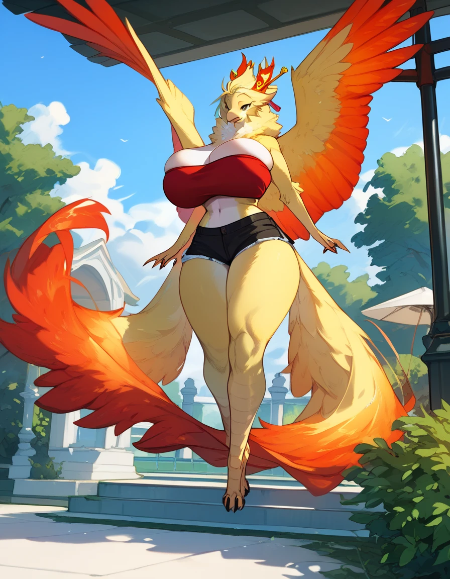 uploaded on e621, (((by Dimwitdog))), solo female (((blaziken))), wear (((golden jewelry and golden bikini))), (detailed blaziken), pokemon, (detailed lighting),(detailed fur), (detailed big breasts), huge breasts, breast squish, (detailed skin), BREAK, ((standing at hotel suite outdoor swimming pool with plant on sunny day)), (cinematic lighting), ((detailed background)), ((depth of field)), (half body shadow), ((looking at viewer)), (low-angle view), ((three-quarter view)), [backlighting], [detailed ambient light], [gray natural lighting], [ambient light on the belly], [realistic proportions], [explicit content, adult, nsfw], [sharp focus], (????????????????????), (shaded), (hi res), ((masterpiece)), half-closed eyes, voluptuous, bimbo,