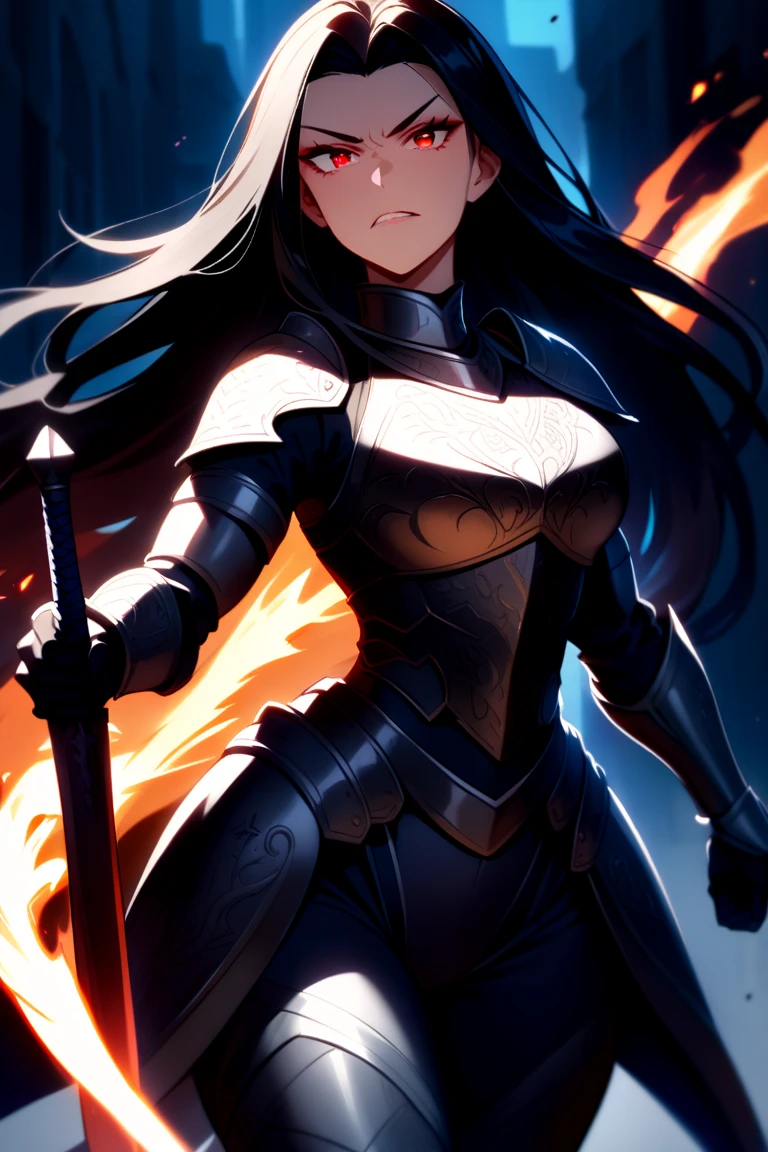 a demon seal woman knight, detailed armor, detailed flaming chain weapon, detailed sharp facial features, detailed angry expression, dramatic lighting, dark fantasy, cinematic angle, moody colors, epic fantasy, digital art, highly detailed, 8k, volumetric lighting, dramatic colors, cinematic composition, unreal engine, hyper detailed, masterpiece
