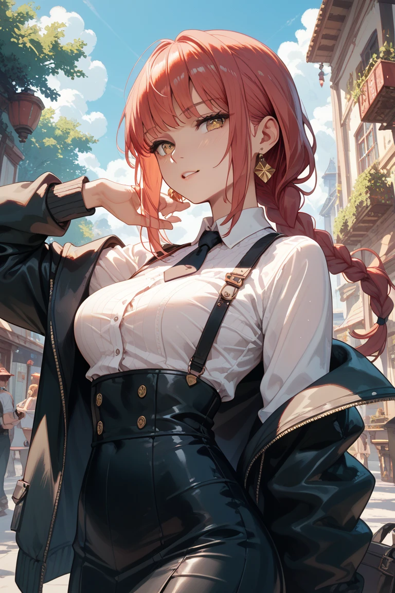 Masterpiece, beautiful art, professional artist, 8k, art style by sciamano240, very detailed face, detailed hair, detailed clothes, detailed fabric, perfectly drawn body, beautiful face, long hair, red hair , very detailed yellow eyes, wide smile, wearing trendy spring clothes, black thigh boots, black pencil skirt, glasses, pouty lips , rosey cheeks, sunny spring setting, , show details in eyes, upclose view, looking at viewer, on a date walking, purse on shoulder,