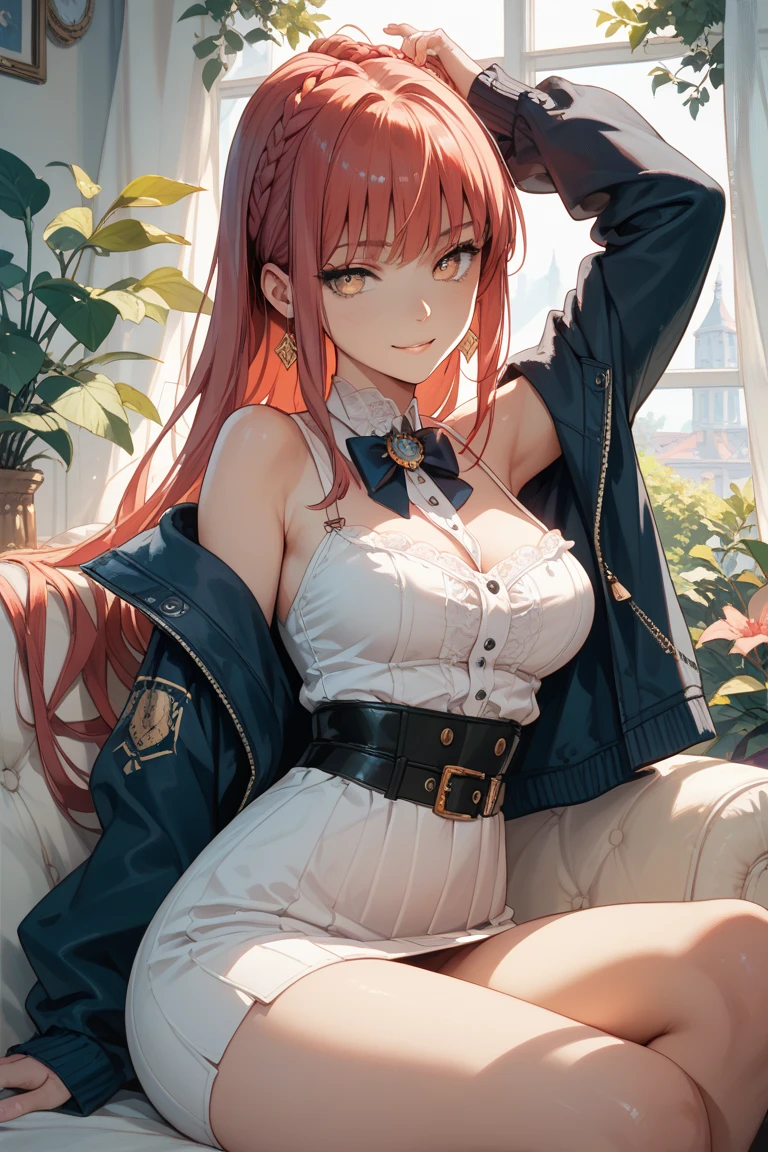16K, Ultra High Definition, Super detailed, Shiny detailed hair, detailed face, fantasy landscape, solo, looking at viewer, {{best quality}}, {{masterpiece}}, {{ultra-detailed}}, {detailed light}, ultra high quality eyes, detailed eyes, perfect eyes, large eyes, detailed purple eyes, beautiful lips, blushing, red hair, long hair, long horse tail, hair ornament, elf ears, earrings, beautiful, skinny body, white skin, slutty, erotic, suggestive, ((nsfw))