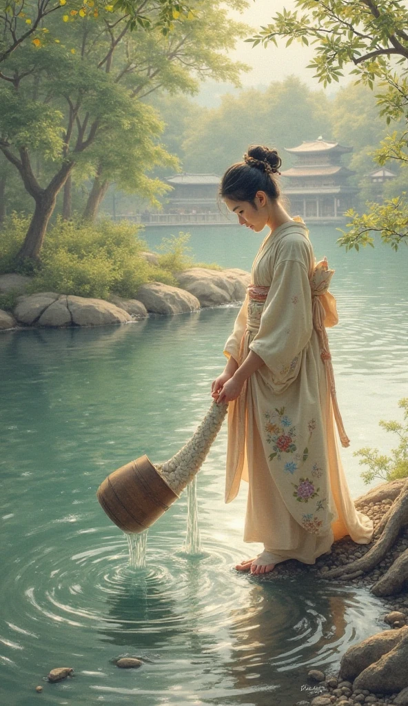 A Chinese woman，Leaning against the window，Watching the rain outside，Back