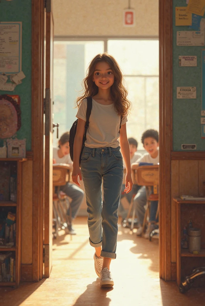 beautiful dressed up as a 70s elementary school. she is cute and beautiful like an idol. She is pure and innocent. She is wearing a white T-shirt, extremely short denim shorts, High socks and sneakers.
