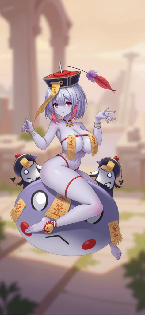 (masterpiece, best quality, high resolution, (pokemon style) ((huge breasts)) 1 girl. lilac hair tied in 2 Chinese buns, red sleeveless Chinese dress, long white stockings, smile, Chinese shoes, bracelets with spikes,((white background,)), ((whole body standing)),