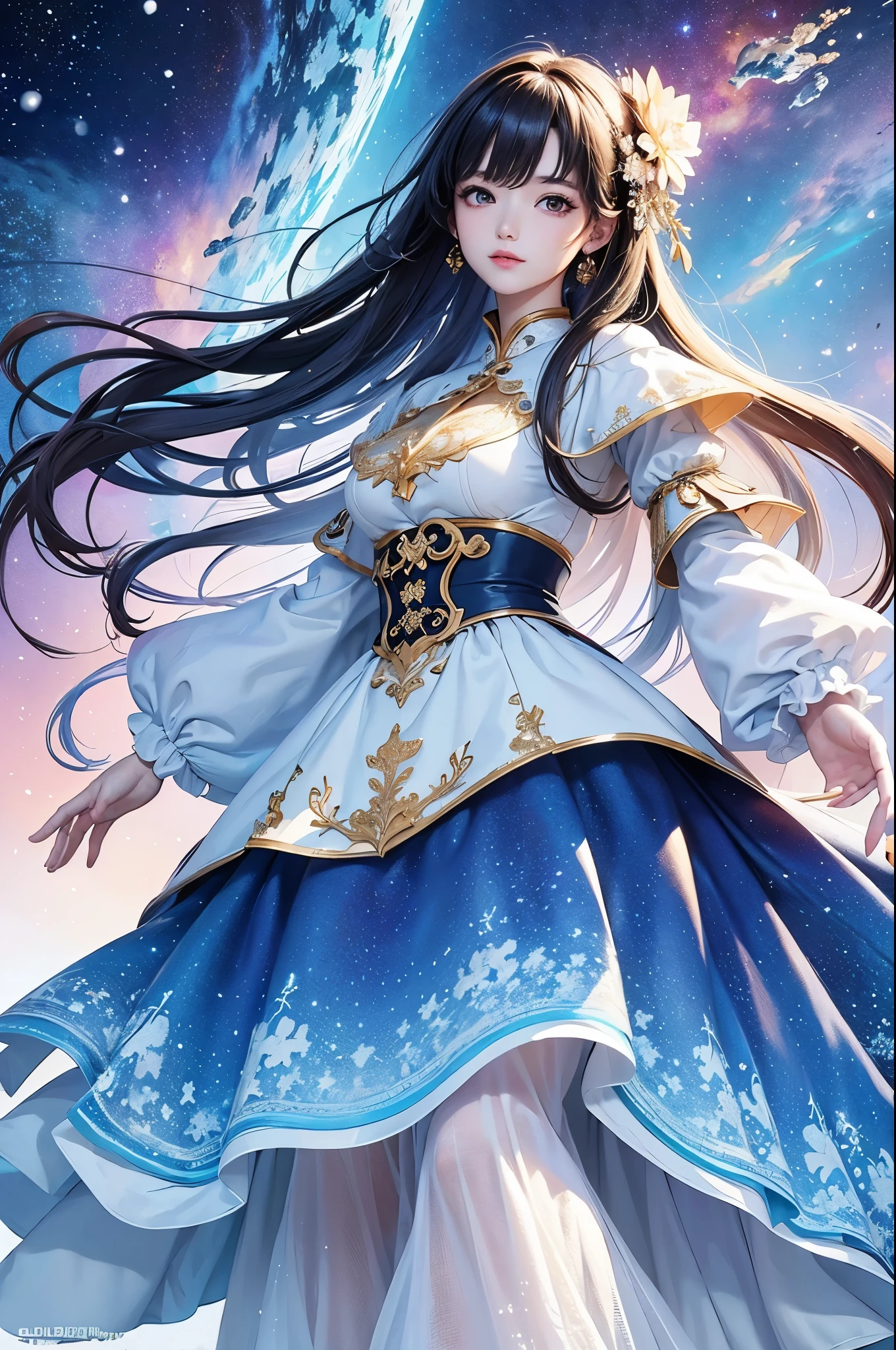 (masterpiece、top-quality、top-quality、Official art、Beautifully Aesthetic:1.2)、(1girl in)、ighly detailed、(Fractal Art:1.3)、colourfull、highestdetailed、dynamic compositions、Poses in motion, snow theme, galaxy