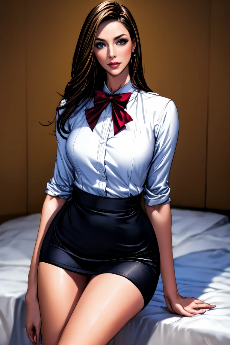Adult American actress rihanna as formidable, book, long hair, solo, shirt, 1girl, white shirt, open clothes, holding, breasts, red eyes, looking at the viewer, large breasts, two-tone ribbon, separate breasts, bangs, open shirt, ribbon, panties, black hair, very long hair, sofa, black panties, panties, holding book, hair ribbon, twintails, miniskirt, transparent wet ultrathin white dress shirt unbuttoned, highly detailed, 8k, high resolution, solo, curvy but slender, major cleavage, wet breasts, ((extremely revealing Lolita schoolgirl outfit))