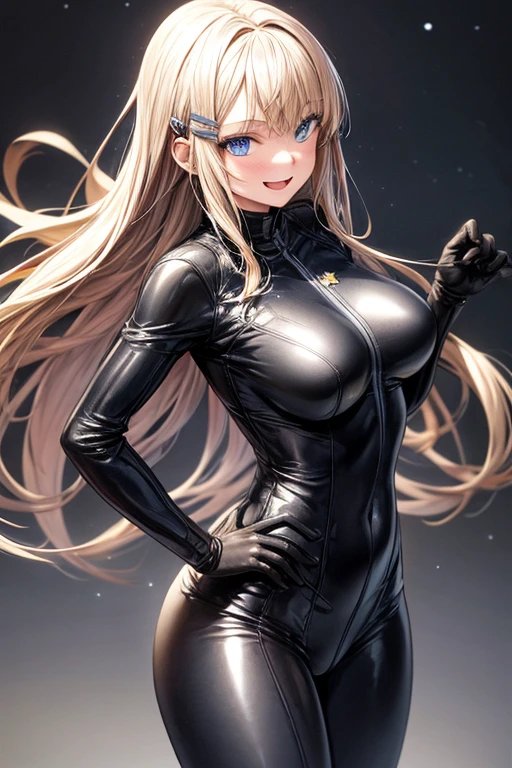 KemiiHS1, 1girl, solo long hair, hat, peaked cap, brown eyes, blonde hair, black bodysuit, cleavage, parted lips, unzipped, wrist cuffs, wide-eyed,
<lora:KemiiHS1:0.8>